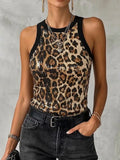 Stylish Sleeveless Knit Top With Sequins And Leopard Print