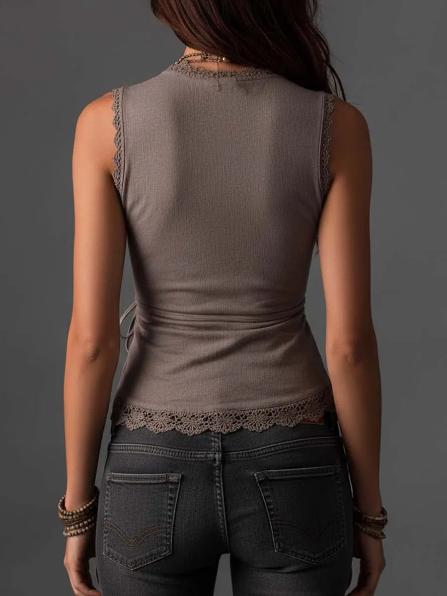 Taupe Cotton-Linen Blend Wrap-Front Lace-Trimmed Sleeveless Top