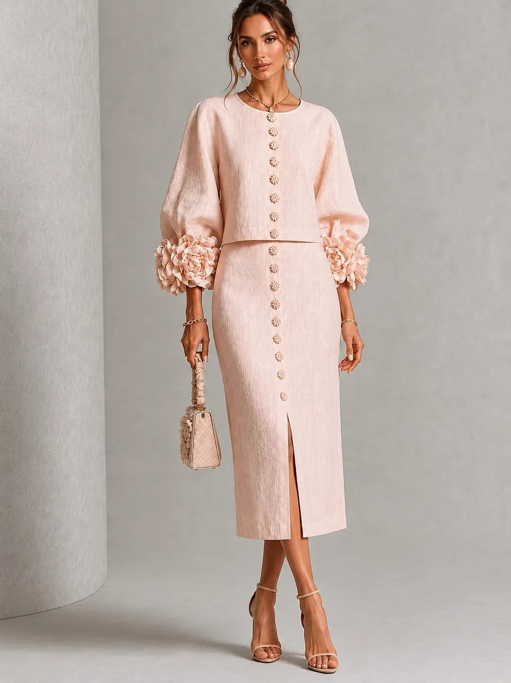 Blush 3D Floral Button Midi Two‑Piece Set