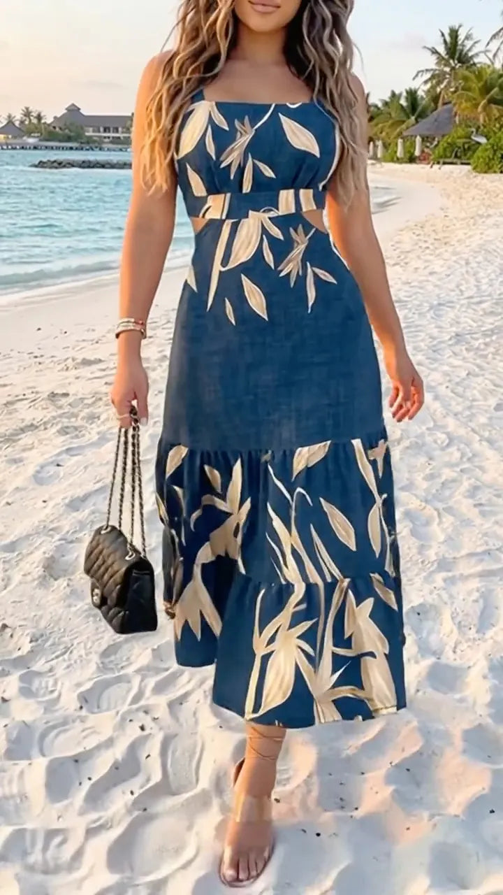Blue Tropical Print Square Neck Midi Dress
