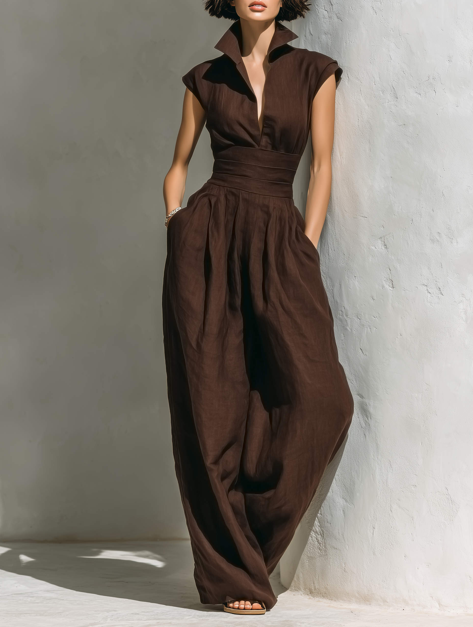 Women's Minimalist Linen Blend Jumpsuit With Cap Sleeves And Wide Legs MDZ0863A5Y
