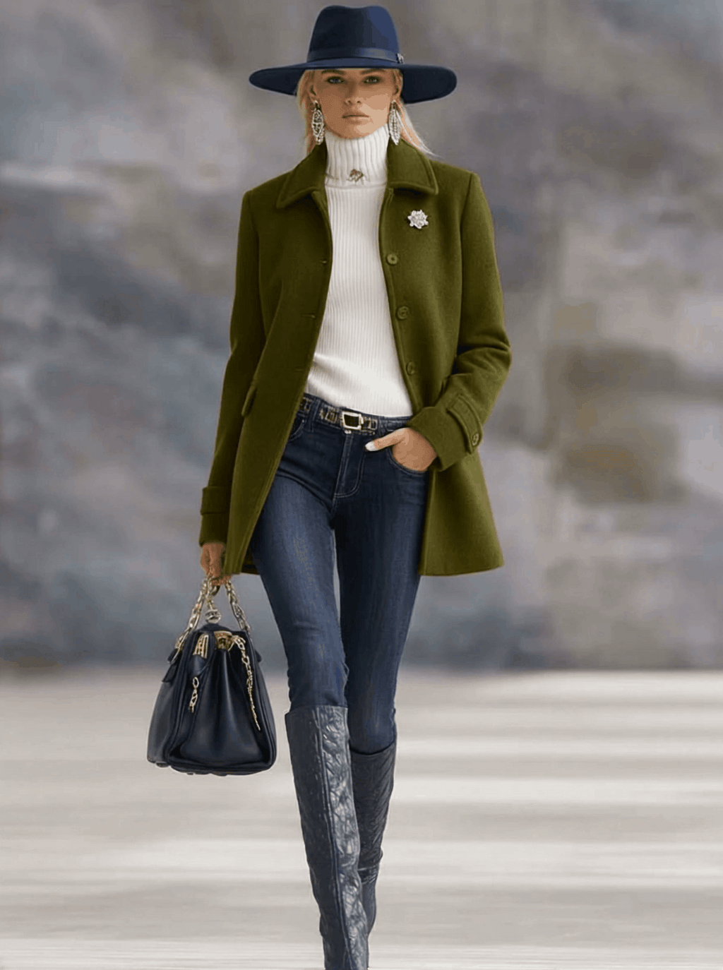 Casual Retro Olive Green Tweed Coat