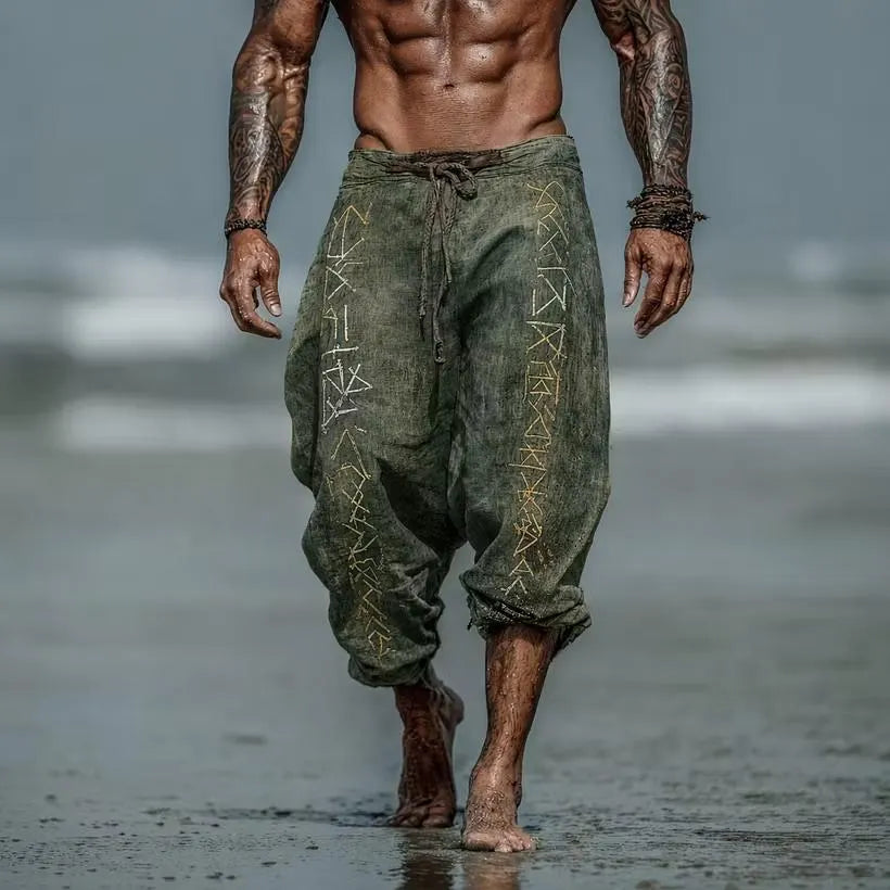 Men Viking Rune Linen Harem Pants