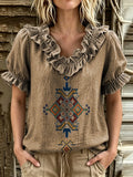 Women's Ethnic Cross Geometric Print Ruffle V-Neck Puff Sleeve Blouse