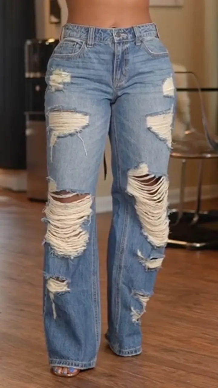 Ripped Distressed Wide‑Leg Jeans