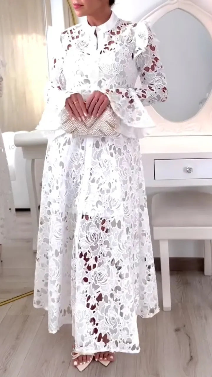 Lace Belted Long Sleeve Maxi Dress