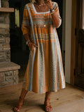 Women's Folk Printed Square Neck Hollow Cotton Pocket Dress