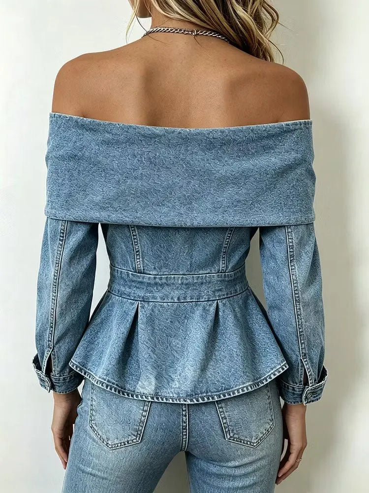 Vintage Rose Off-Shoulder Denim Peplum Top