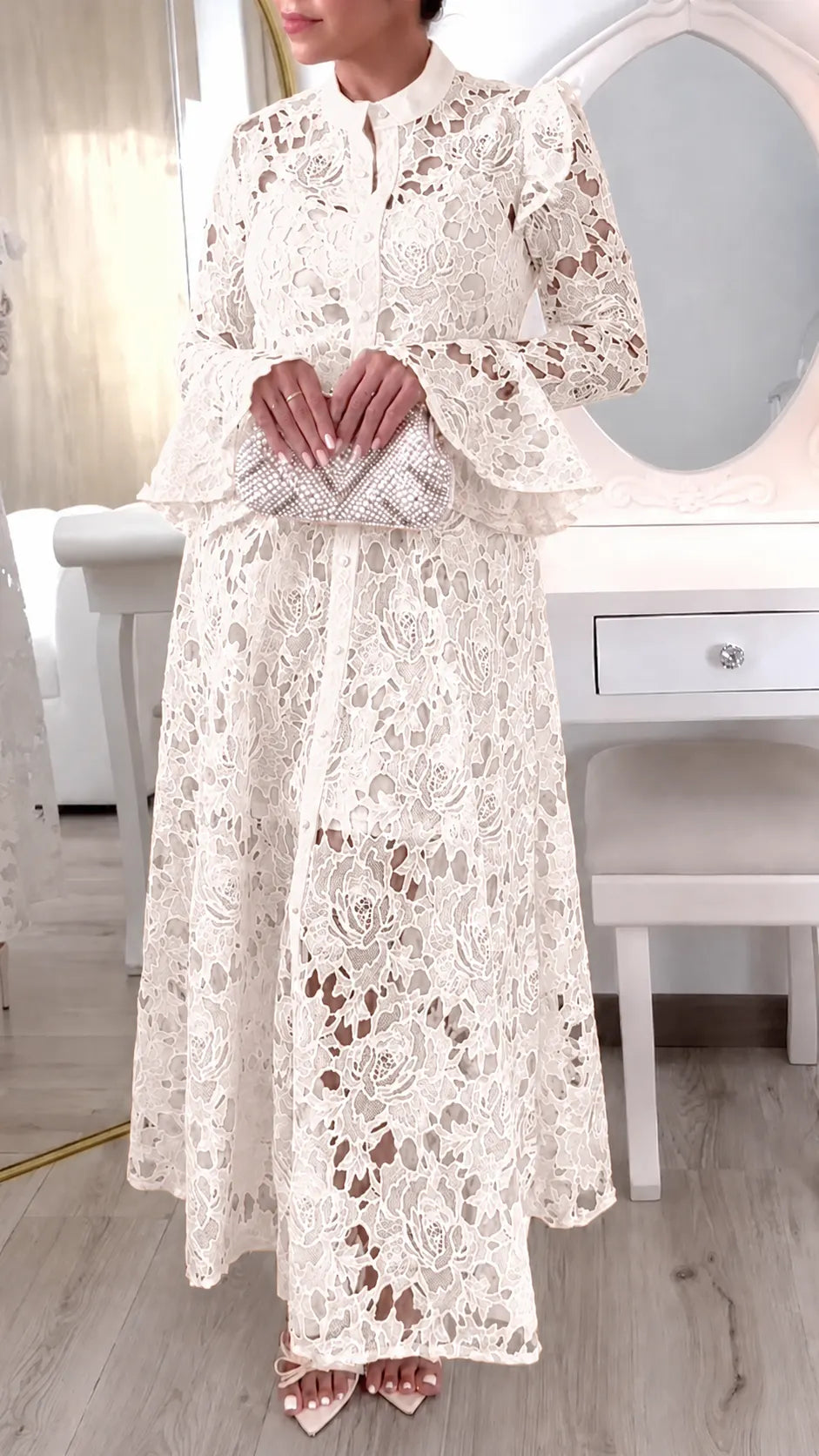 Lace Belted Long Sleeve Maxi Dress
