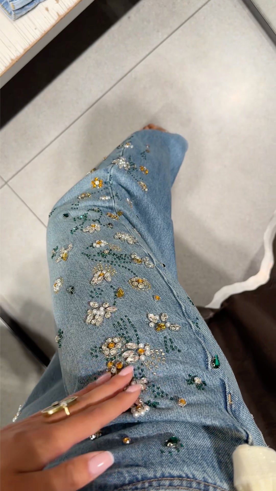 Floral Beaded Rhinestone Straight Leg Jeans