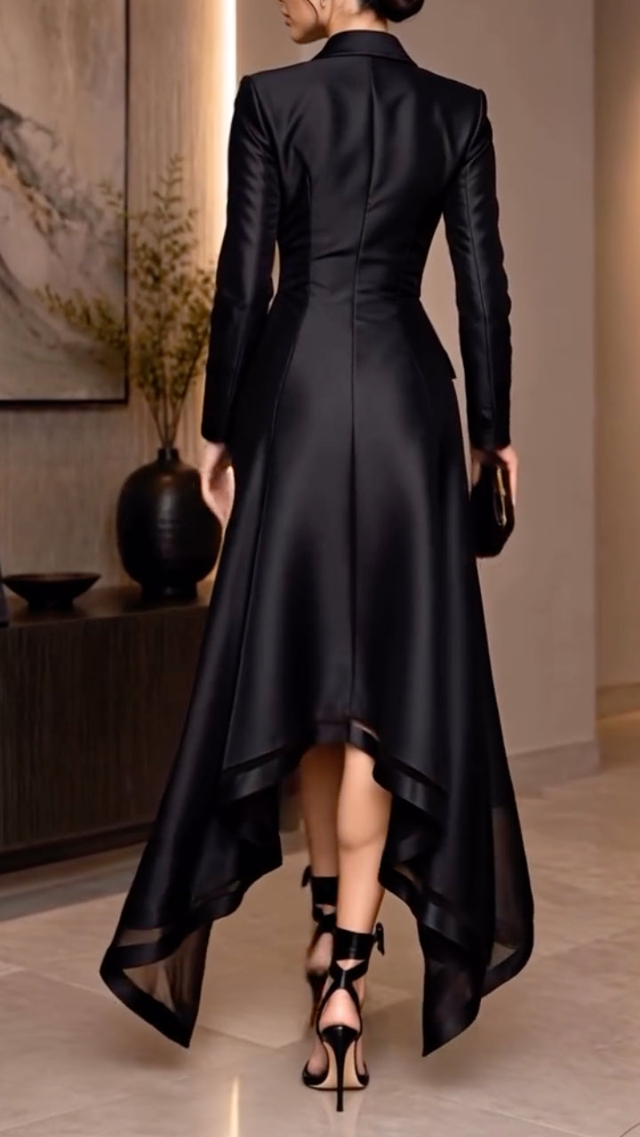 Black Satin High‑Low Blazer Dress
