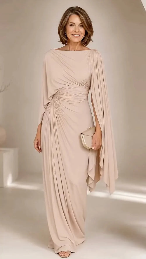 Beige Cape Sleeve Ruched Formal Gown