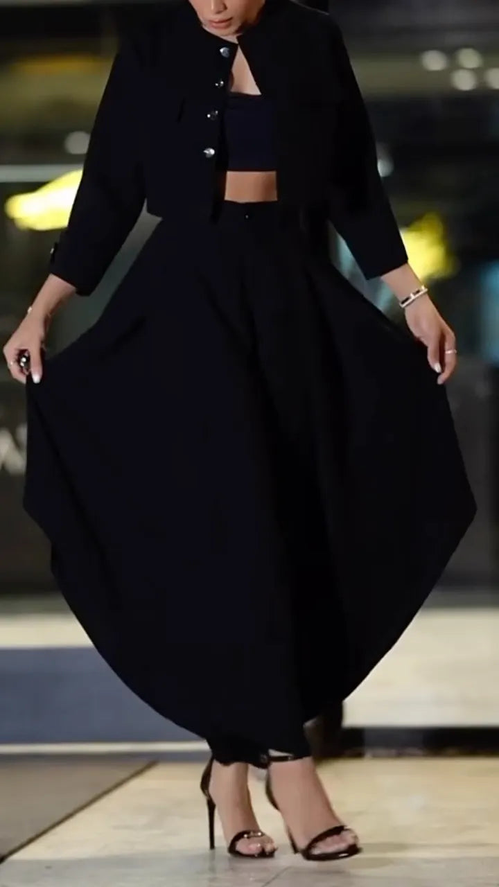Cropped Jacket And Wide Leg Pant Two Piece Outfit