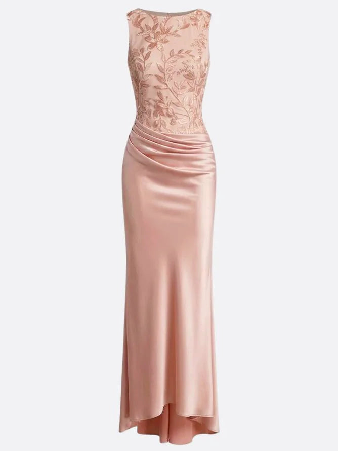 Light Pink Embroidery Satin Crew Neck Sleeveless Sheath Gown Dress