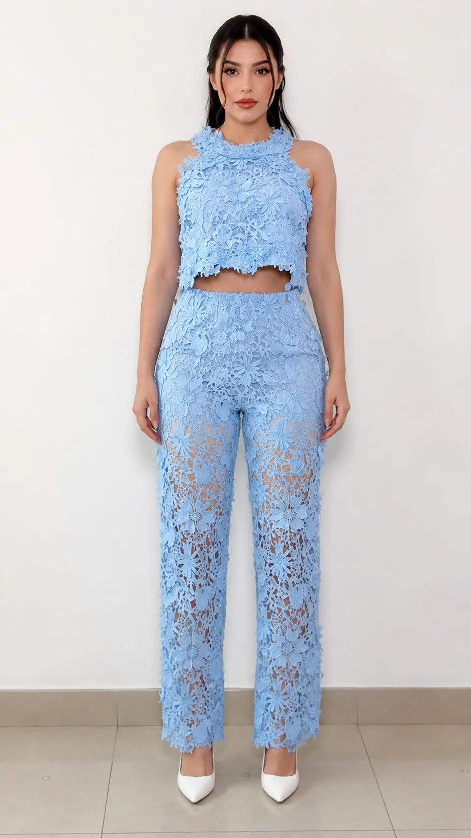 Floral Lace Crop Top & Straight Pants Set