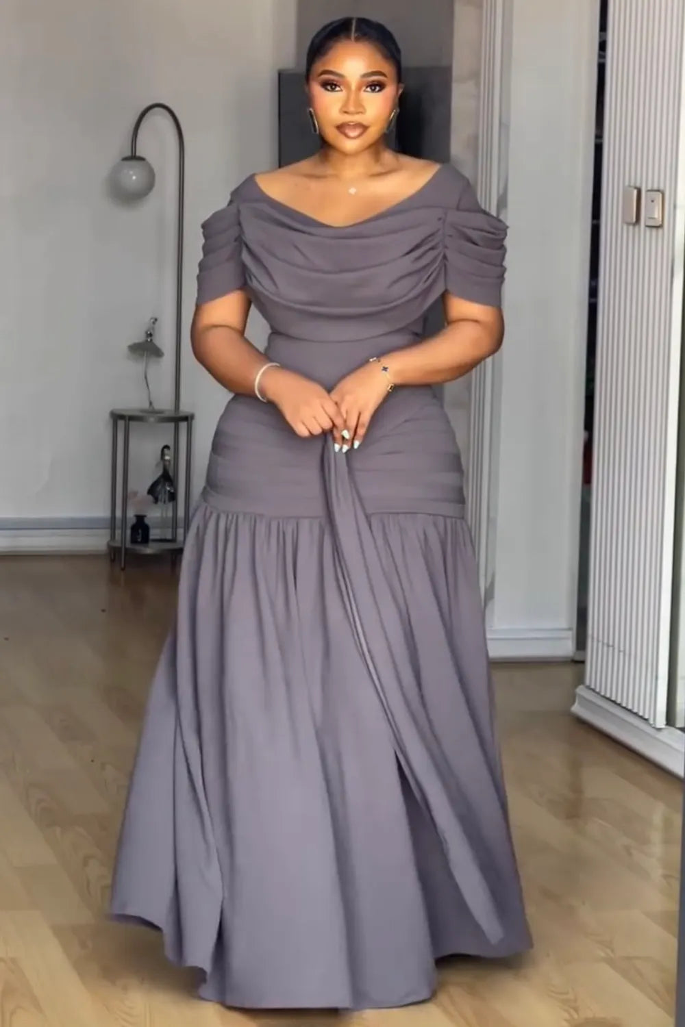 Off Shoulder Short Sleeve Cinch Waist Ruched Maxi Dresses-Purple