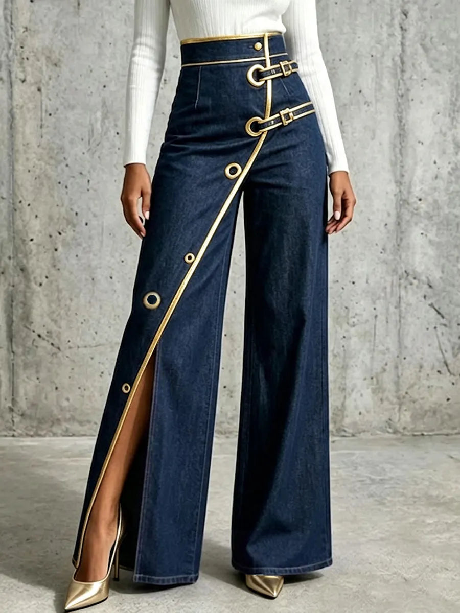 Exquisite And Elegant Jeans With Gold Piping.