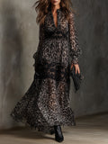 Bohemian Leopard Print Lace Chiffon Patchwork Pleated Maxi Dress
