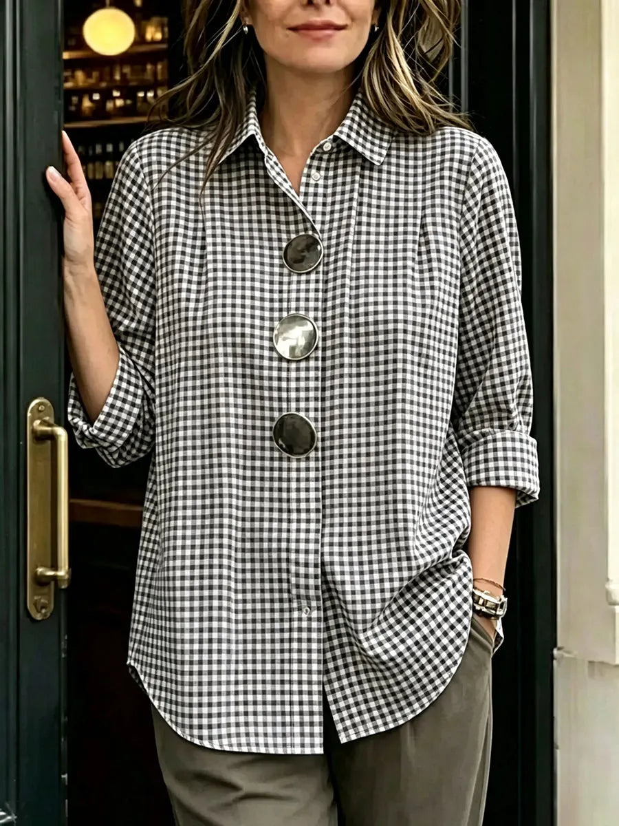 Retro Casual Plaid Cotton Shirt With Decorative Metal Buttons
