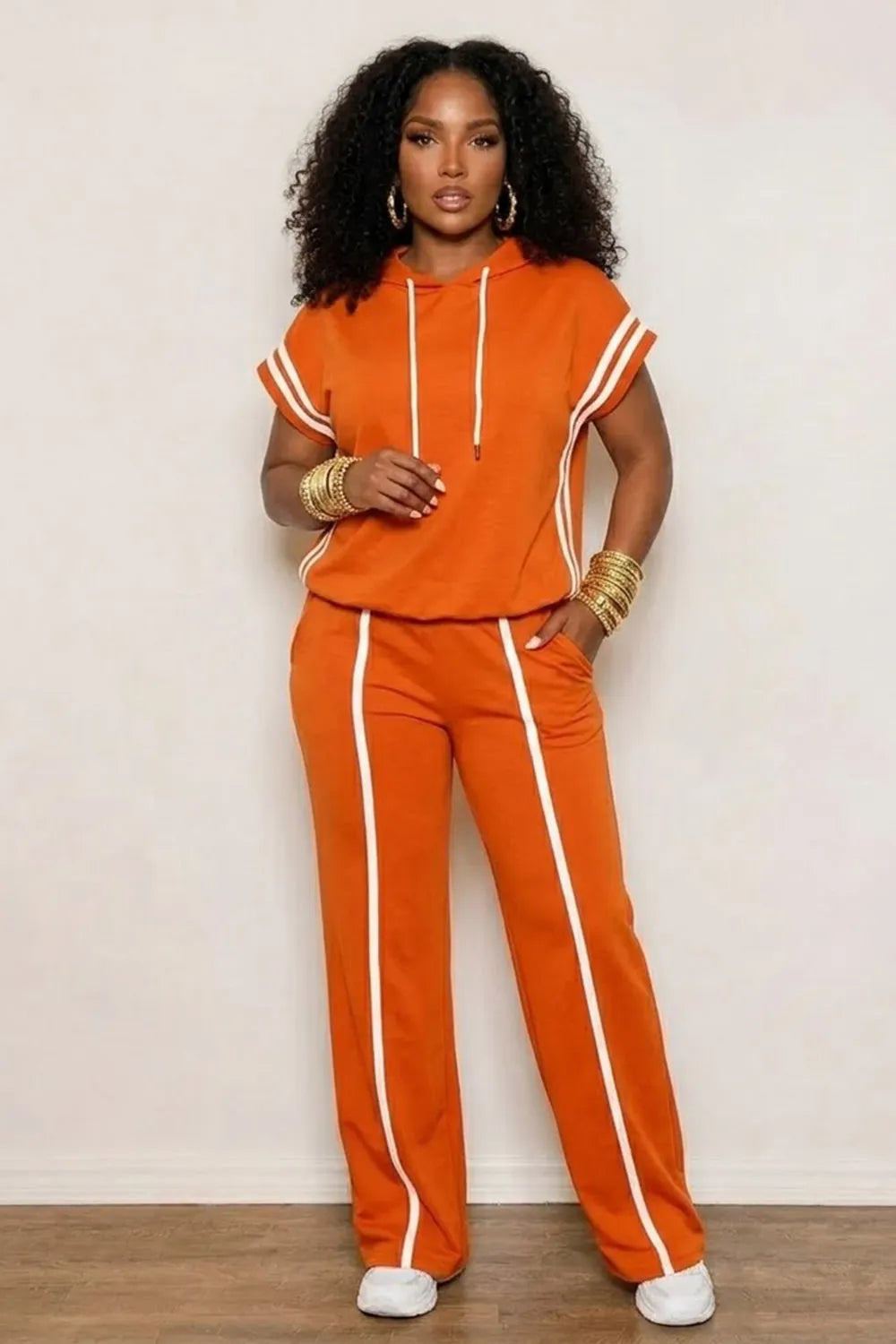 Contrast Piping Cap Sleeve Hooded Top Straight Pants Casual 2pcs Set-Orange