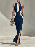 Women's Stand-collar Sleeveless Casual Slim-fit Color-block Dress