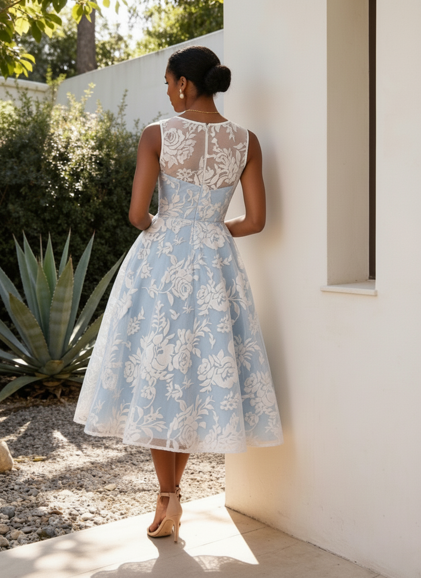 Light Blue Jacquard Floral Classic Boat Neck Sleeveless A-Line Midi Dress