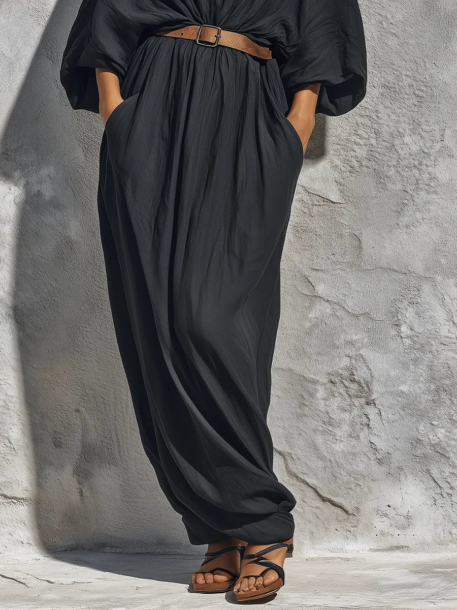 Women’s Black Linen V-Neck Batwing Puff Sleeve Belted Loose Maxi Kaftan Dress With Side Pockets MDZ2306F5T