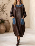 Chic Brown Faux-Leather & Denim Accent Midi Dress