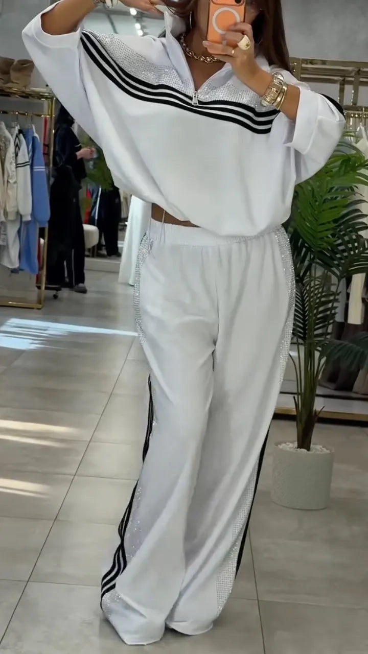 White Rhinestone-Trimmed Tracksuit Set