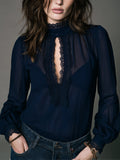Vintage Keyhole Neckline Chiffon Blouse With Lace Trim