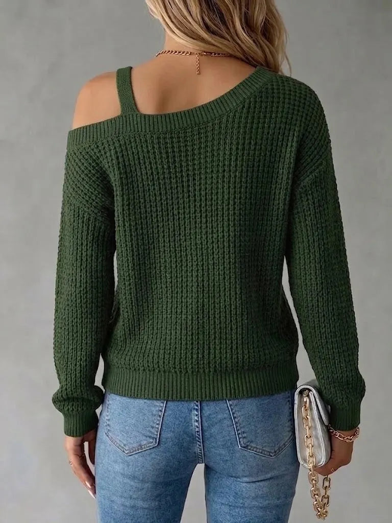 Casual Off-shoulder Pullover Sweater With Metal Buckle And Lantern Sleeves