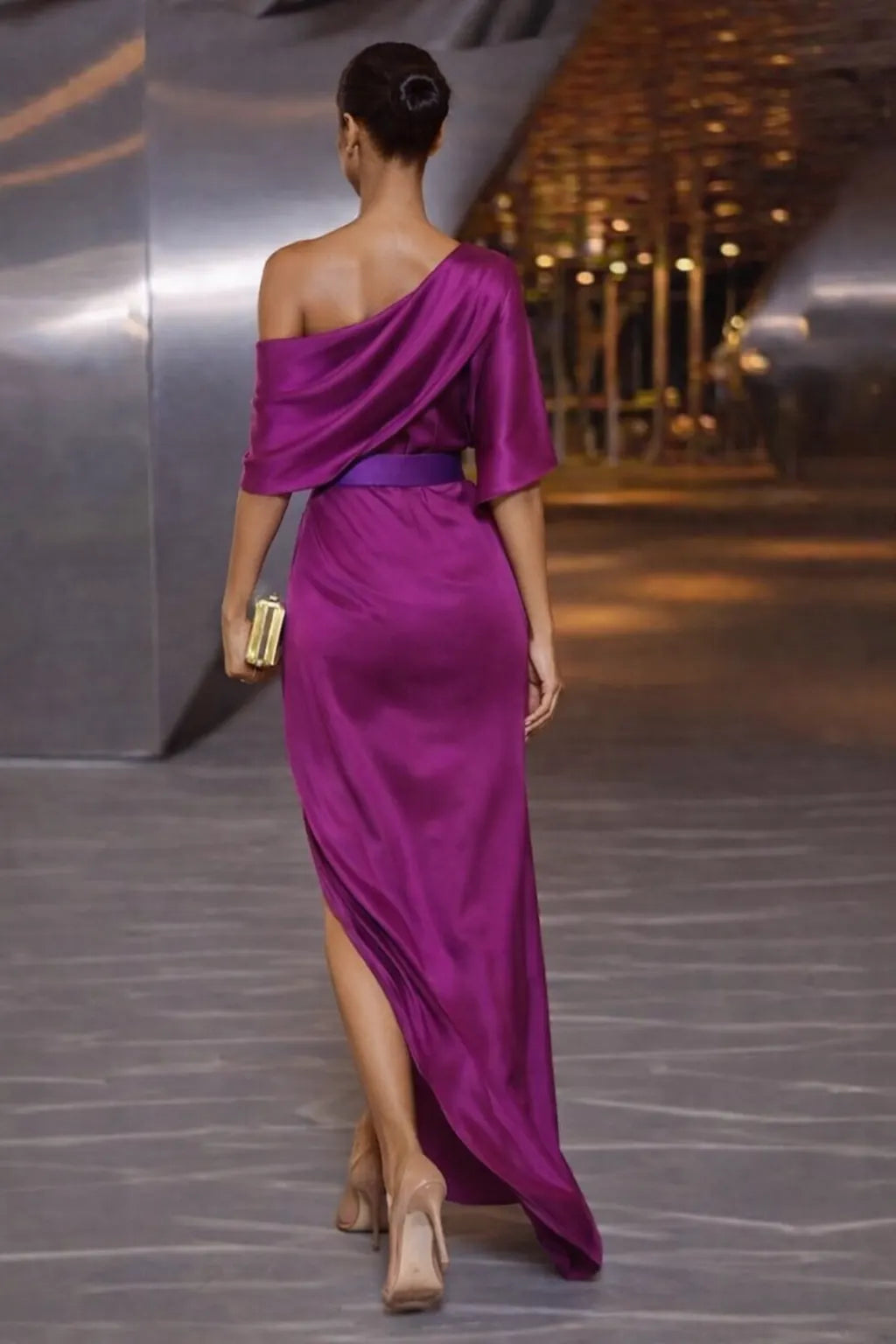 Satin One Shoulder Ruched Waist Asymmetric Maxi Dress