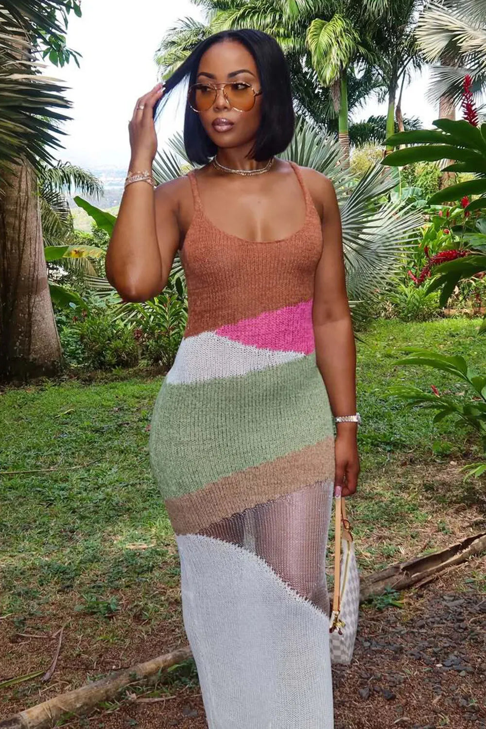 Scoop Neck Cami Colorblock Ribbed Knit Slim Vacation Maxi Dresses-Multicolor