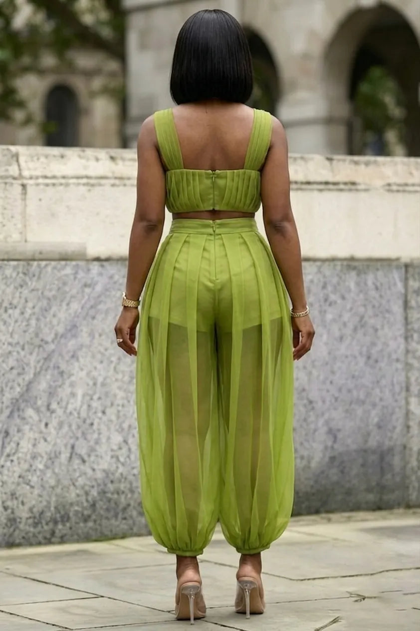 Wide Strap Crop Top High Waist Mesh Pants Casual 2pcs Set-Green [Pre Order]