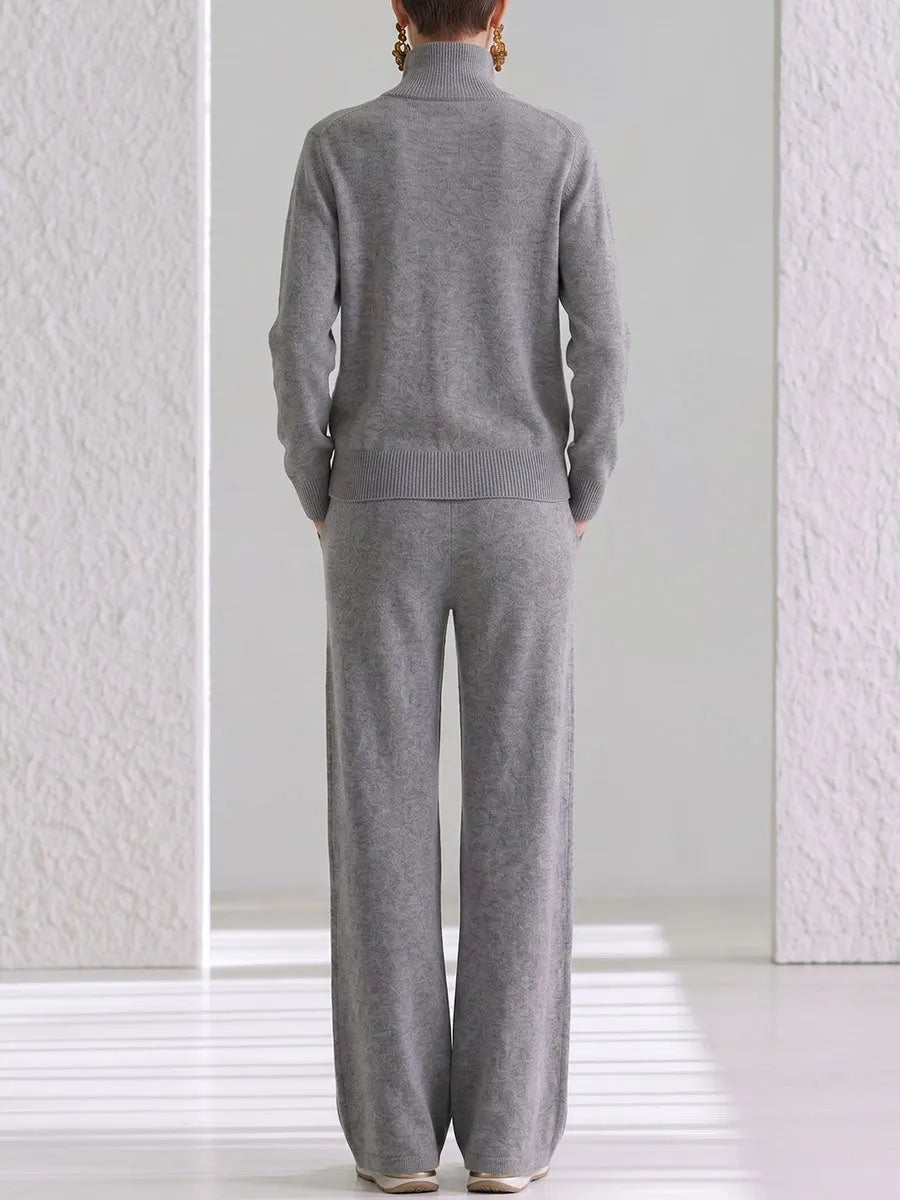 Women's Solid Color Stand Collar Long Sleeve Casual Loose Knit Top And High Waist Wide Leg Pants Knit Set