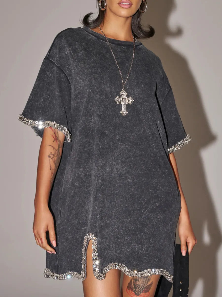 Rhinestone Trim Washed T‑Shirt Mini Dress
