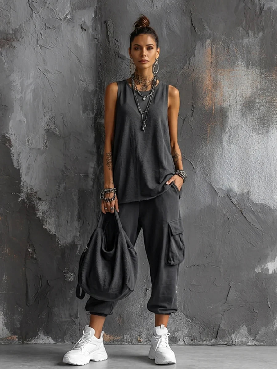 Dark Grey Sleeveless Top & Cargo Jogger Set
