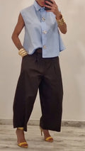 Crystal Button Sleeveless Shirt & Barrel Pant Matching Set