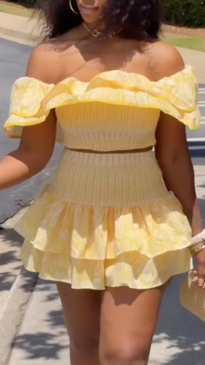 Floral Ruffle Off‑Shoulder Two‑Piece Skort Set