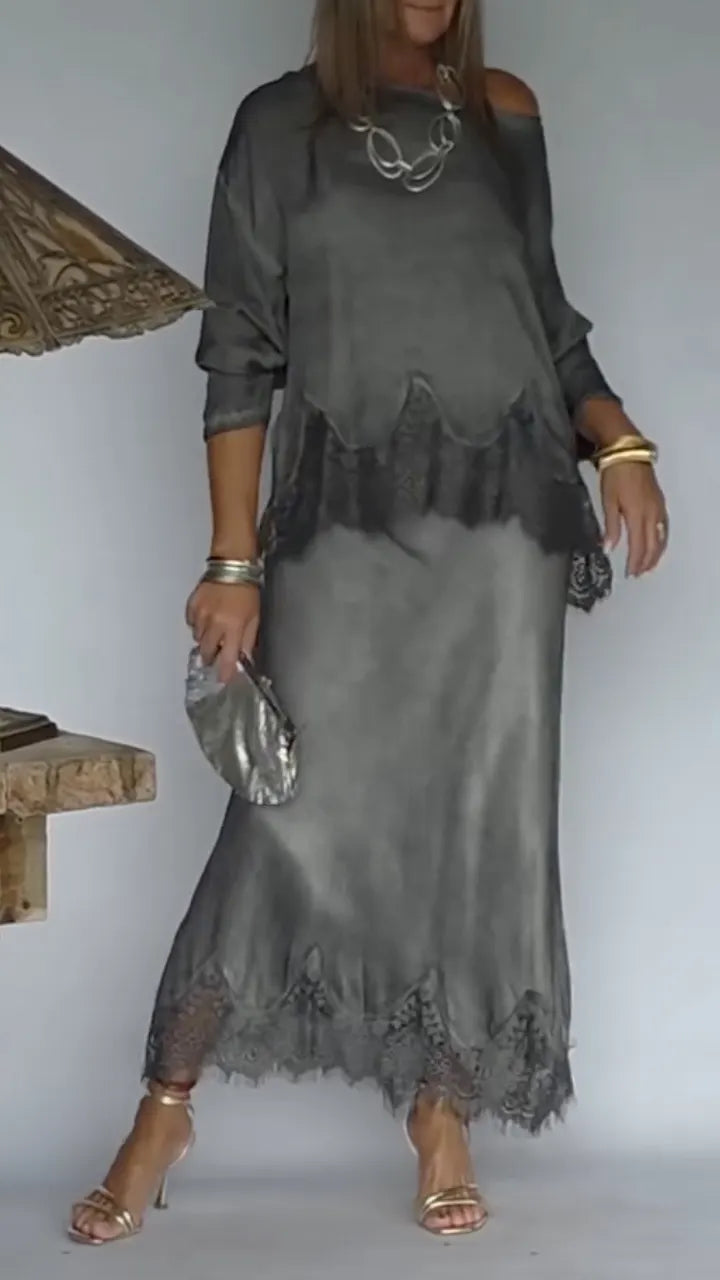 Grey Lace-Trimmed Dress Set