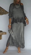 Grey Lace-Trimmed Dress Set