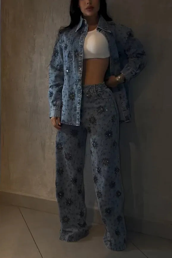 Fashion Rhinestone Floral Jacket + Elastic Waist Wide Leg Jeans