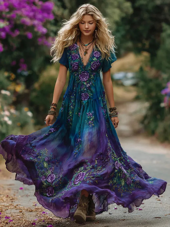 Women's Vintage Purple Roses Floral Embroidery Linen Short Sleeve Dress