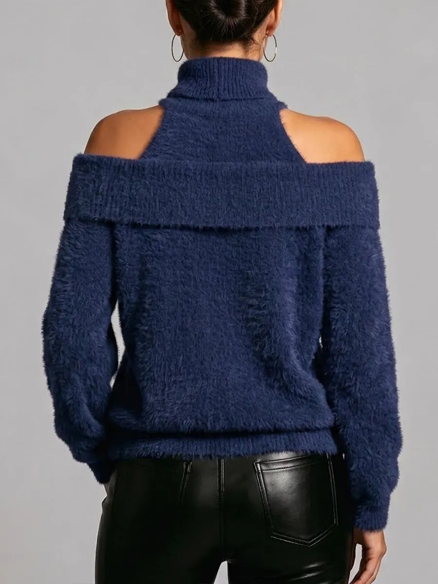 Stylish Off-the-shoulder Fuzzy Turtleneck Knit Top