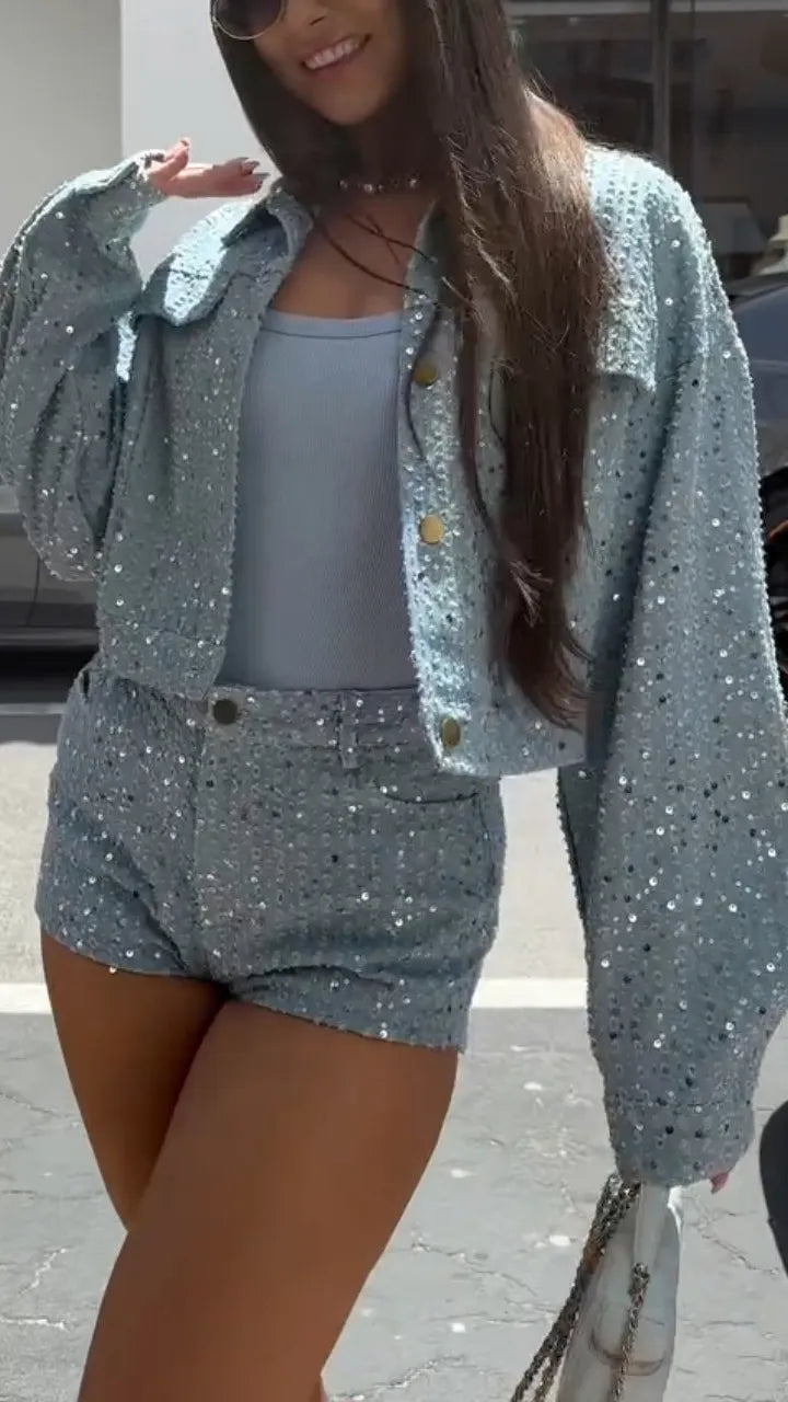 Sequin Denim Cropped Jacket And Short Set