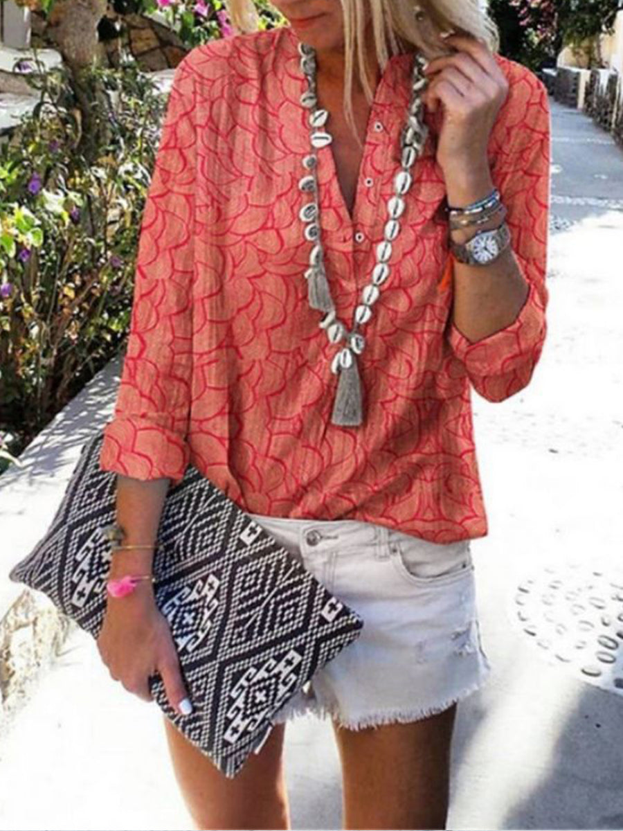Bohemian V-neck Printed Blouse