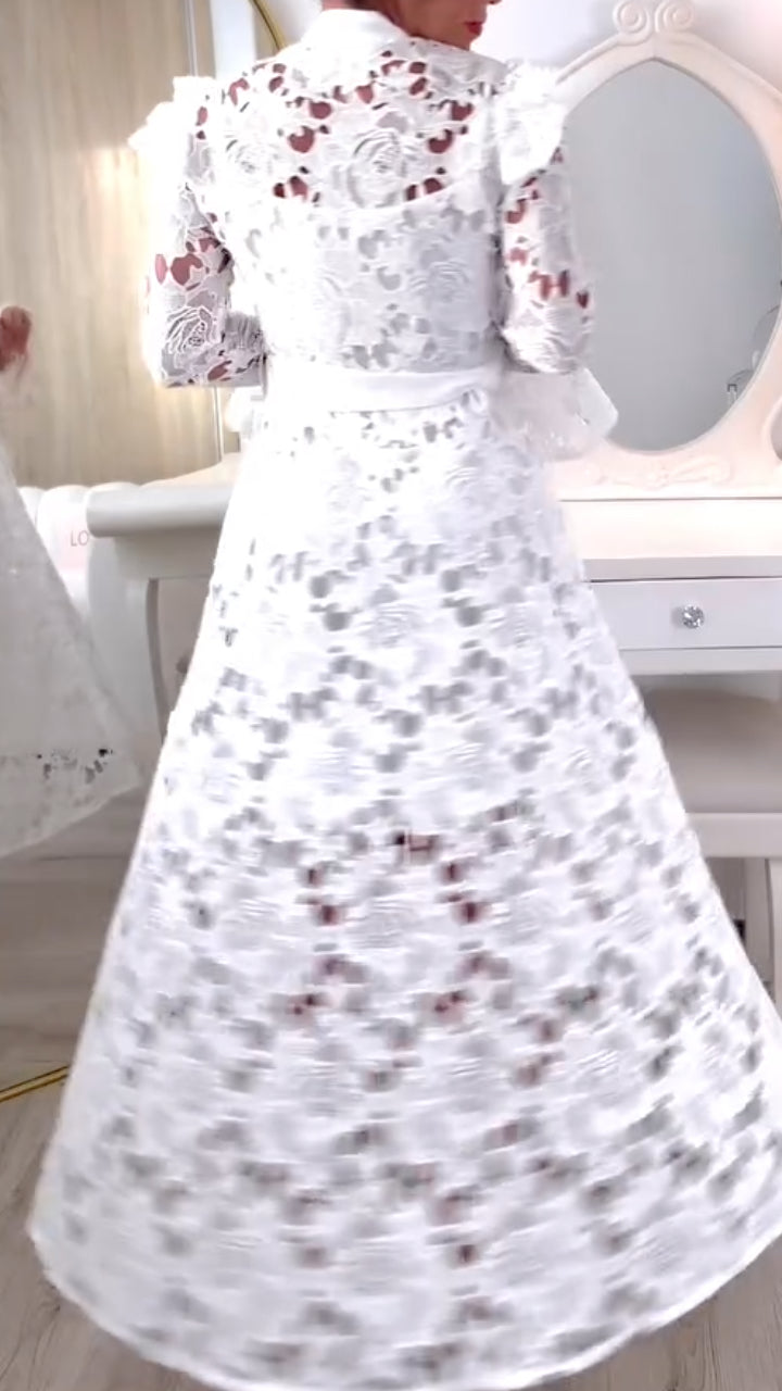Lace Belted Long Sleeve Maxi Dress