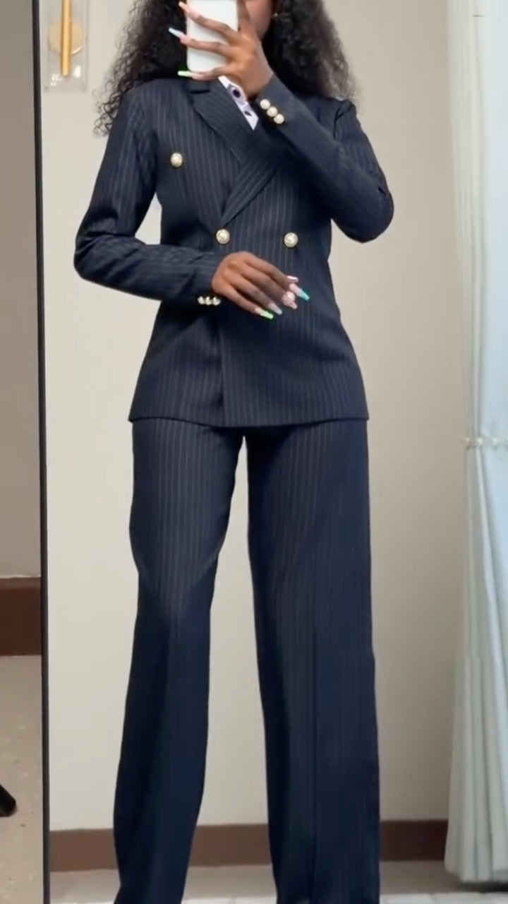 Pinstripe Gold Button Double Breasted Tailored Suit