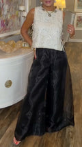 Beaded Lace Crop Tank & Sheer Organza Wide Leg Pants Set