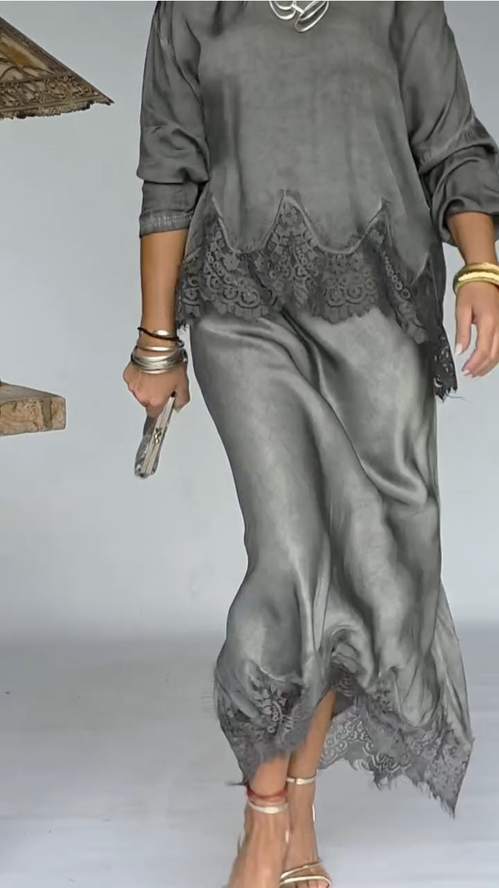 Grey Lace-Trimmed Dress Set